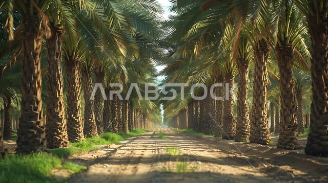 A natural reserve for growing palm trees during the day, agricultural fields and lands, a national local Arab product, the Saudi date and dates crop, an aerial photo of green palm farms in the Kingdom of Saudi Arabia