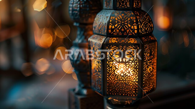  أجواء رمضانية وروحانية إسلامية، فانوس عربي معدني مزخرف مضيء، العادات والتقاليد العربية في زينة الأعياد والمناسبات الدينية، فوانيس وتحف وديكورات تقليدية للاحتفال بقدوم شهر رمضان المبارك