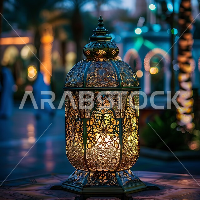 Arab customs and traditions in decorations for holidays and religious occasions, lanterns, antiques and traditional decorations to celebrate the advent of the holy month of Ramadan, an Islamic Ramadan and spiritual atmosphere, a luminous decorative metal Arabic lantern