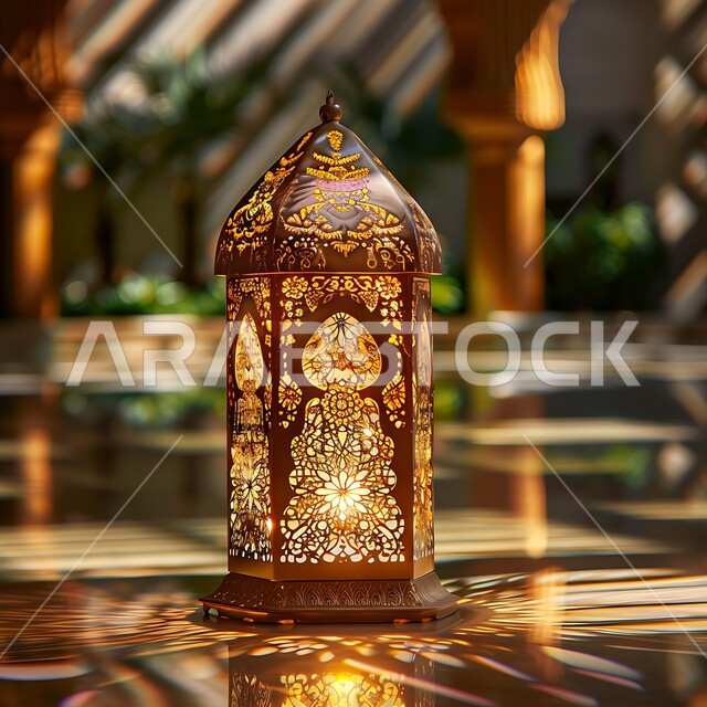 Arab customs and traditions in decorations for holidays and religious occasions, lanterns, antiques and traditional decorations to celebrate the advent of the holy month of Ramadan, an Islamic Ramadan and spiritual atmosphere, a luminous decorative metal Arabic lantern