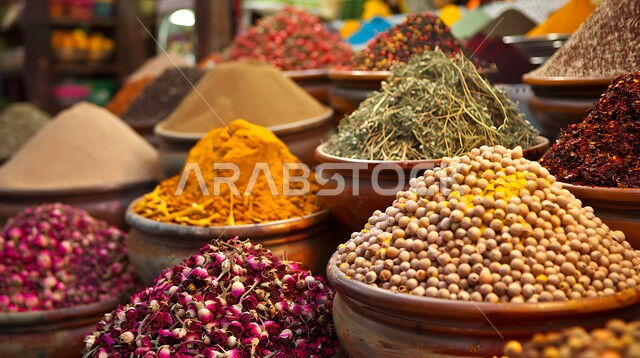 منتجات ومحاصيل زراعية وطنية محلية سعودية، الاسواق التقليدية الشعبية لبيع البهارات والعطريات، منظر لعرض التوابل الملونة والمتنوعة، منكهات وملونات طبيعية للمأكولات والأطعمة، نباتات ذات فوائد صحية وعلاجية