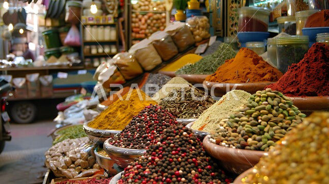  الاسواق التقليدية الشعبية لبيع البهارات والعطريات، منظر لعرض التوابل الملونة والمتنوعة، منكهات وملونات طبيعية للمأكولات والأطعمة, نباتات ذات فوائد صحية وعلاجية، منتجات ومحاصيل زراعية وطنية محلية سعودية
