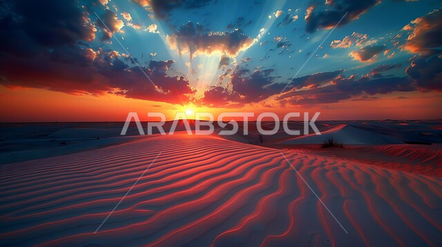 التضاريس و المرتفعات والقمم الجبلية في البراري، التكوينات والتشكلات الرملية في صحراء المملكة العربية السعودية، الهضاب و التلال من الرمال الناعمة الذهبية، غروب الشمس فوق مناطق البادية والبيئة الطبيعية الصحراوية، خلفية الطبيعة