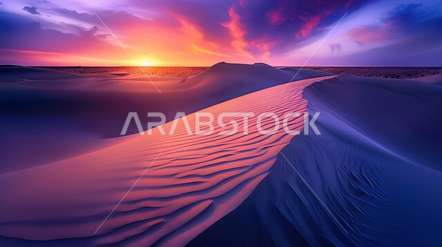 غروب الشمس فوق مناطق البادية والبيئة الطبيعية الصحراوية، التضاريس و المرتفعات والقمم الجبلية في البراري، التكوينات والتشكلات الرملية في صحراء المملكة العربية السعودية، الهضاب و التلال من الرمال الناعمة الذهبية، خلفية الطبيعة