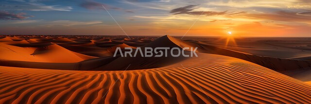 Terrain, heights and mountain peaks in the prairies, sand formations and formations in the desert of the Kingdom of Saudi Arabia, plateaus and hills of soft golden sand, sunset over the desert regions and the natural desert environment, nature background.