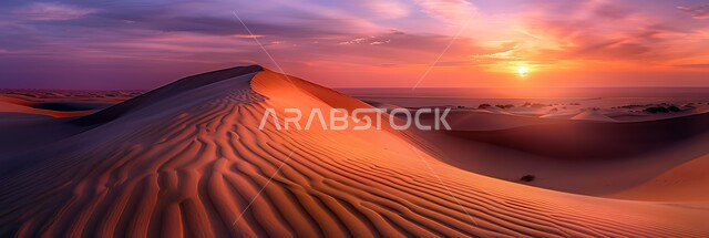 غروب الشمس فوق مناطق البادية والبيئة الطبيعية الصحراوية، التضاريس و المرتفعات والقمم الجبلية في البراري، التكوينات والتشكلات الرملية في صحراء المملكة العربية السعودية، الهضاب و التلال من الرمال الناعمة الذهبية، خلفية الطبيعة