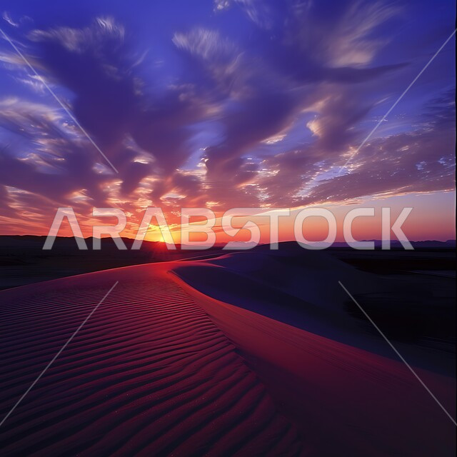 التضاريس و المرتفعات والقمم الجبلية في البراري، التكوينات والتشكلات الرملية في صحراء المملكة العربية السعودية، الهضاب و التلال من الرمال الناعمة الذهبية، غروب الشمس فوق مناطق البادية والبيئة الطبيعية الصحراوية، خلفية الطبيعة