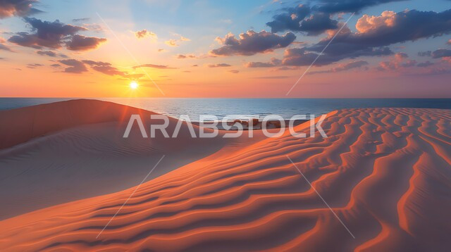 غروب الشمس فوق مناطق البادية والبيئة الطبيعية الصحراوية، التضاريس و المرتفعات والقمم الجبلية في البراري، التكوينات والتشكلات الرملية في صحراء المملكة العربية السعودية، الهضاب و التلال من الرمال الناعمة الذهبية، خلفية الطبيعة