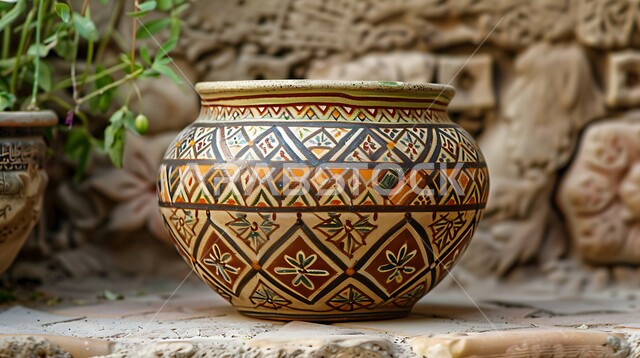 Clay pots and products, ancient folk crafts and handicrafts, buying souvenirs and colorful and decorated pottery, a store selling pottery in a traditional popular market in the Kingdom of Saudi Arabia