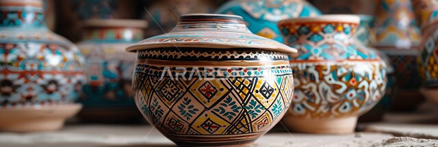  الأواني والمنتجات الفخارية المصنوعة من الطين، مهن وصناعات يدوية شعبية تراثية قديمة، شراء الهدايا التذكارية والفخارات الملونة والمزخرفة، متجر لبيع أواني الفخار في سوق شعبي تقليدي في المملكة العربية السعودية