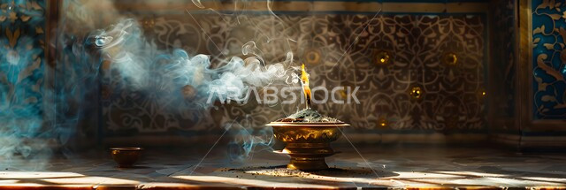 منتج وطني محلي سعودي، منظر الدخان المنتشر من البخور، أصالة العادات والتقاليد في المملكة العربية السعودية، التعطر والتطيب باطيب الروائح والعطور، خشب العود الفاخر والفحم، صورة مقربة لمبخرة تقليدية مزخرفة في مكان تراثي