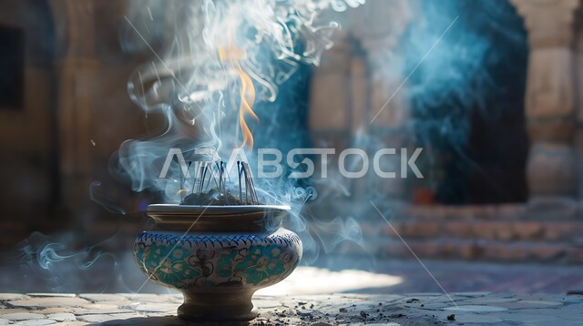منتج وطني محلي سعودي، منظر الدخان المنتشر من البخور، أصالة العادات والتقاليد في المملكة العربية السعودية، التعطر والتطيب باطيب الروائح والعطور، خشب العود الفاخر والفحم، صورة مقربة لمبخرة تقليدية مزخرفة في مكان تراثي