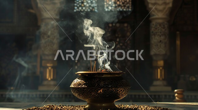 منتج وطني محلي سعودي، منظر الدخان المنتشر من البخور، أصالة العادات والتقاليد في المملكة العربية السعودية، التعطر والتطيب باطيب الروائح والعطور، خشب العود الفاخر والفحم، صورة مقربة لمبخرة تقليدية مزخرفة في مكان تراثي