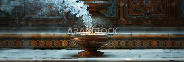 منتج وطني محلي سعودي، منظر الدخان المنتشر من البخور، أصالة العادات والتقاليد في المملكة العربية السعودية، التعطر والتطيب باطيب الروائح والعطور، خشب العود الفاخر والفحم، صورة مقربة لمبخرة تقليدية مزخرفة في مكان تراثي