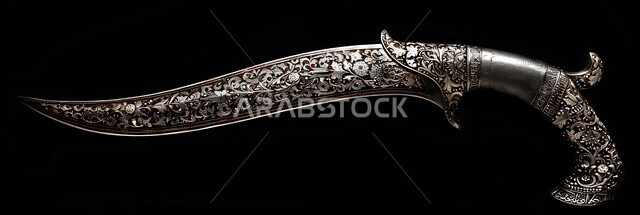 التحف والانتيكات التراثية القديمة الشعبية، قطع أنتيكة من الطراز الشعبي، صورة مقربة لخنجر فضي مزخرف بزخارف تقليدية، أصالة العادات والتقاليد في المملكة العربية السعودية، خلفية سوداء