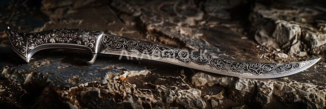 أصالة العادات والتقاليد في المملكة العربية السعودية، قطع أنتيكة من الطراز الشعبي، التحف والانتيكات التراثية القديمة الشعبية، صورة مقربة لخنجر فضي مزخرف بزخارف تقليدية، خلفية حجرية