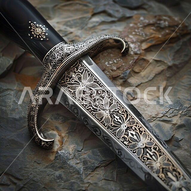 أصالة العادات والتقاليد في المملكة العربية السعودية، قطع أنتيكة من الطراز الشعبي، التحف والانتيكات التراثية القديمة الشعبية، صورة مقربة لخنجر فضي مزخرف بزخارف تقليدية، خلفية حجرية