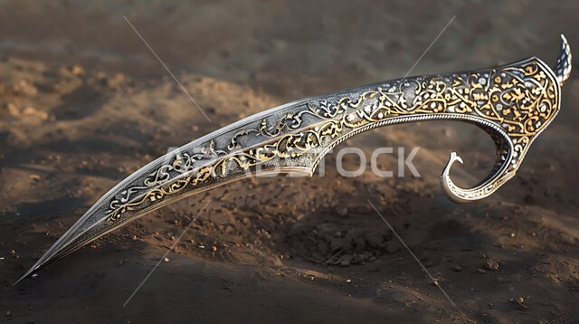 أصالة العادات والتقاليد في المملكة العربية السعودية، قطع أنتيكة من الطراز الشعبي، التحف والانتيكات التراثية القديمة الشعبية، صورة مقربة لخنجر فضي مزخرف بزخارف تقليدية، خلفية حجرية