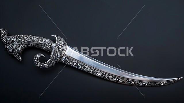 التحف والانتيكات التراثية القديمة الشعبية، قطع أنتيكة من الطراز الشعبي، صورة مقربة لخنجر فضي مزخرف بزخارف تقليدية، أصالة العادات والتقاليد في المملكة العربية السعودية، خلفية سوداء