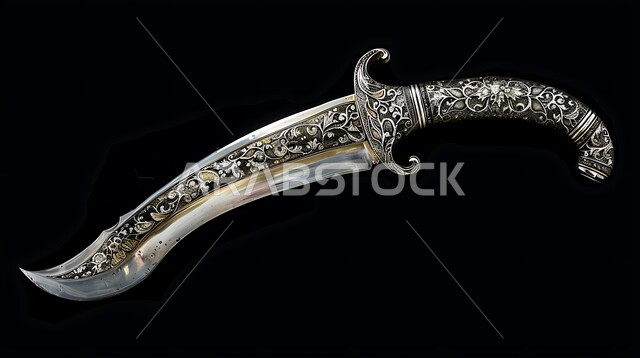 التحف والانتيكات التراثية القديمة الشعبية، قطع أنتيكة من الطراز الشعبي، صورة مقربة لخنجر فضي مزخرف بزخارف تقليدية، أصالة العادات والتقاليد في المملكة العربية السعودية، خلفية سوداء