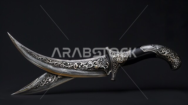 Antique pieces of the popular style, ancient popular antiques and antiques, a close-up image of a silver dagger decorated with traditional decorations, the authenticity of customs and traditions in the Kingdom of Saudi Arabia, a black background.
