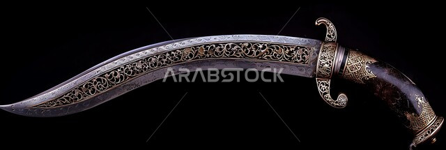 التحف والانتيكات التراثية القديمة الشعبية، قطع أنتيكة من الطراز الشعبي، صورة مقربة لخنجر فضي مزخرف بزخارف تقليدية، أصالة العادات والتقاليد في المملكة العربية السعودية، خلفية سوداء