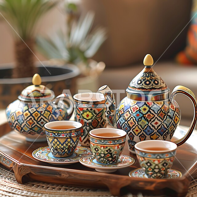 Enjoying hot drinks, a jug decorated with colorful traditional Arabesque decorations, a close-up of a jug and a group of decorated cups on the tray, ancient customs of serving tea, good hospitality and warm reception in the Kingdom of Saudi Arabia