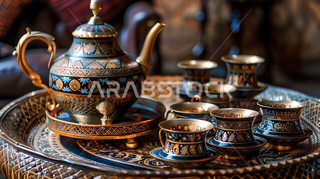 الاستمتاع بالمشروبات الساخنة، ابريق مزين بزخارف ارابيسك التقليدية الملونة، صورة مقربة لأبريق ومجموعة من الفناجين المزخرفة على الصينية، العادات القديمة في تقديم الشاي، حسن الضيافه وكرم الإستقبال في المملكة العربية السعودية