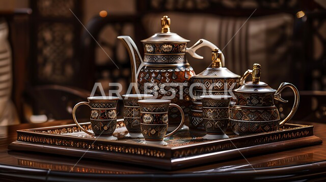 الاستمتاع بالمشروبات الساخنة، ابريق مزين بزخارف ارابيسك التقليدية الملونة، صورة مقربة لأبريق ومجموعة من الفناجين المزخرفة على الصينية، العادات القديمة في تقديم الشاي، حسن الضيافه وكرم الإستقبال في المملكة العربية السعودية