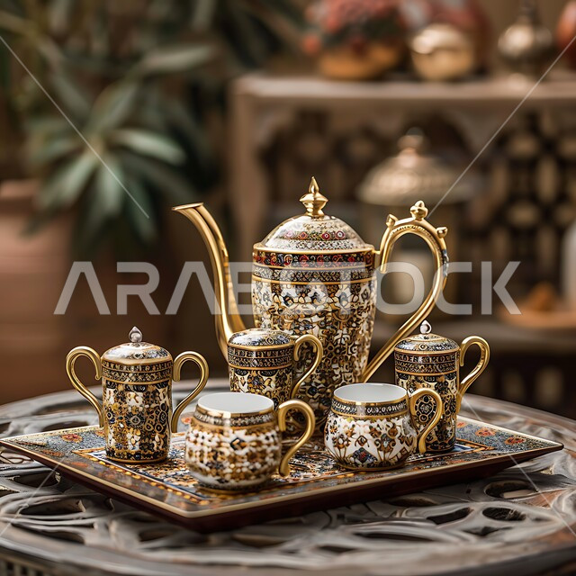 الاستمتاع بالمشروبات الساخنة، ابريق مزين بزخارف ارابيسك التقليدية الملونة، صورة مقربة لأبريق ومجموعة من الفناجين المزخرفة على الصينية، العادات القديمة في تقديم الشاي، حسن الضيافه وكرم الإستقبال في المملكة العربية السعودية