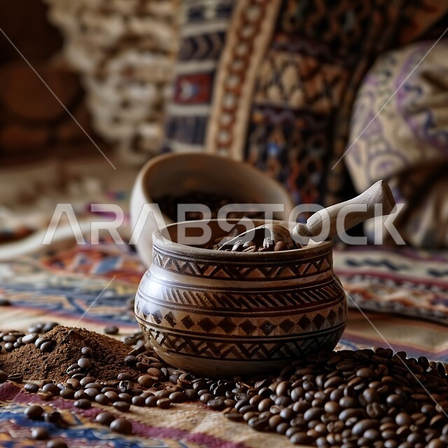 كرم الضيافة وحسن الاستقبال عند السعوديين، الفخر بأصالة التراث والعادات والتقاليد، طحن حبات البن في النجر المزخرف باستخدام الهاون, توارث مهارة صنع وتحضير القهوة السعودية على الطريقة اليدوية التراثية, مشروبات وطنية تقليدية