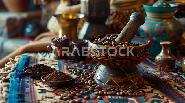كرم الضيافة وحسن الاستقبال عند السعوديين، الفخر بأصالة التراث والعادات والتقاليد، طحن حبات البن في النجر المزخرف باستخدام الهاون, توارث مهارة صنع وتحضير القهوة السعودية على الطريقة اليدوية التراثية, مشروبات وطنية تقليدية
