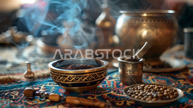 كرم الضيافة وحسن الاستقبال عند السعوديين، الفخر بأصالة التراث والعادات والتقاليد، طحن حبات البن في النجر المزخرف باستخدام الهاون, توارث مهارة صنع وتحضير القهوة السعودية على الطريقة اليدوية التراثية, مشروبات وطنية تقليدية