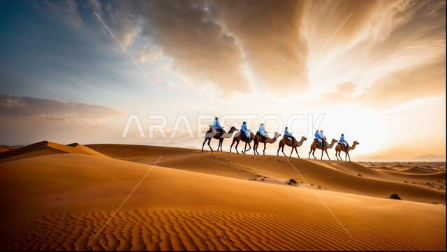 الطبيعة الجبلية في صحاري شبه الجزيرة، مفهوم تربية ورعاية الابل في المملكة العربية السعودية، قافلة من الجمال مع المدربين يسيرون في محمية طبيعية بالمناطق الصحراوية، الجبال والكثبان الرملية والمرتفعات