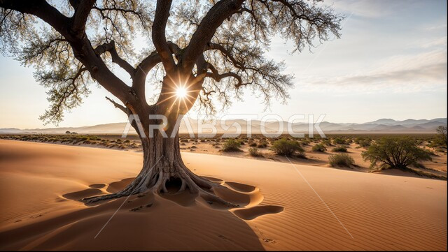 النباتات الخضراء في البراري، صورة مقربة لشجرة عارية في المناطق الصحراوية وقت الغروب، الرمال الذهبية الناعمة في الصحراء، المناظر الطبيعية في المملكة العربية السعودية، خلفيات الطبيعة