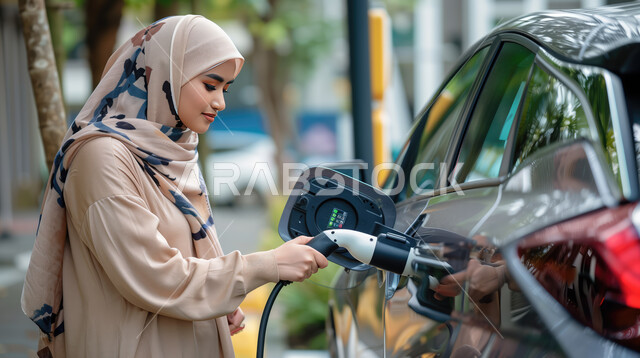 The concept of independence and self-reliance, a close-up photo of a smiling veiled Saudi Arabian Gulf woman wearing Islamic dress charging the car with gas, a gas station in the Kingdom of Saudi Arabia