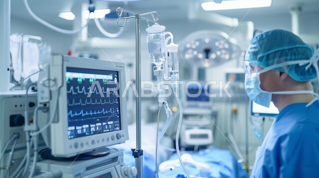 مفهوم الرعاية والعناية بالمرضى، صورة مقربة لطبيب جراح عربي خليجي سعودي يرتدي معطف العمليات الجراحية ينظر الى الشاشة لمراقبة حالة المريض، غرفة العناية المشددة، مراقبة العلامات الحيوية