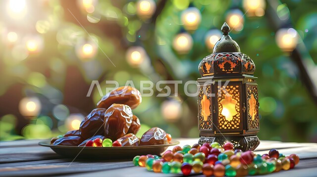 ديكورات وأنوار في الأجواء الرمضانية الروحانية، فوانيس و تحف اسلامية تقليدية للاحتفال بقدوم شهر الخير، ضيافة شهر رمضان المبارك، الفن الاسلامي للتحف والاكسسوارات، فانوس عربي معدني مزخرف بجانب وعاء مليء بالتمر