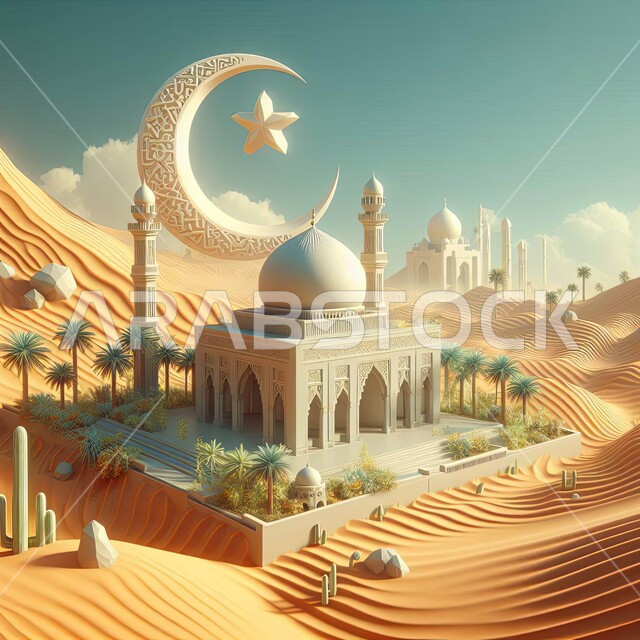  الفن الهندسي المعماري لمسجد وسط التلال والكثبان الرملية بين النباتات والاشجار البرية، القبب والمآذن على الطراز الإسلامي العصري الحديث، العباده والتقرب إلى الله، دعوة المسلمين إلى الصلاه وأداء الفرائض الدينية, أماكن اسلامية مقدسة، خلفية المناطق الصحرواية