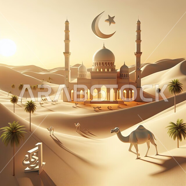 دعوة المسلمين إلى الصلاه وأداء الفرائض الدينية, أماكن اسلامية مقدسة، الفن الهندسي المعماري لمسجد وسط التلال والكثبان الرملية بين النباتات والاشجار البرية، القبب والمآذن على الطراز الإسلامي العصري الحديث، العباده والتقرب إلى الله، خلفية المناطق الصحرواية