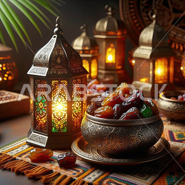  فوانيس و تحف اسلامية تقليدية للاحتفال بقدوم شهر الخير، ضيافة شهر رمضان المبارك، الفن الاسلامي للتحف والاكسسوارات، فانوس عربي معدني مزخرف بجانب وعاء مليء بالتمر، ديكورات وأنوار في الأجواء الرمضانية الروحانية