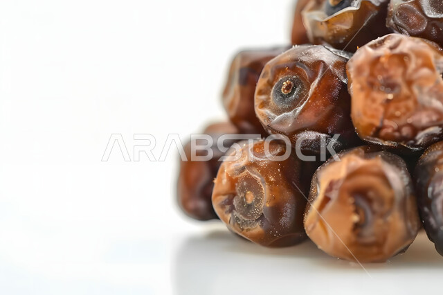 وجبة ذات قيمة غذائية عالية، صورة مقربة لحبات الرطب من نخيل المملكة العربية السعودية، محاصيل ومنتجات زراعية محلية وطنية سعودية، تمر سكري صحي طازج, ضيافة رمضانية لذيذة، خلفية بيضاء