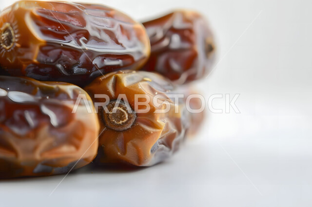 A meal with high nutritional value, a close-up of date palms from the Kingdom of Saudi Arabia, Saudi national local agricultural crops and products, fresh healthy Sukkari dates, delicious Ramadan hospitality, white background