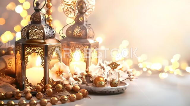 الاحتفال بقدوم رمضان المبارك، صورة مقربة لفوانيس معدنية مضيئة باللون الذهبي مع زهور وسبحة من الخرز، البهجة بقدوم شهر الخير، زينة وديكورات رمضانية واجواء الروحانية، المناسبات الدينية الاسلامية