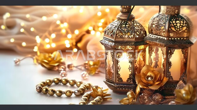 Ramadan decorations and decorations and spiritual atmosphere, celebrating the advent of the blessed Ramadan, a close-up of golden-colored metal lanterns with flowers and rosary beads, the joy of the coming of the month of goodness, Islamic religious events