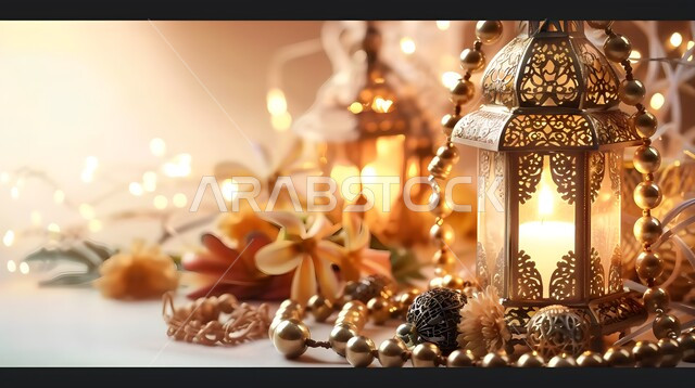 زينة وديكورات رمضانية واجواء الروحانية، الاحتفال بقدوم رمضان المبارك، صورة مقربة لفوانيس معدنية مضيئة باللون الذهبي مع زهور وسبحة من الخرز، البهجة بقدوم شهر الخير، المناسبات الدينية الاسلامية