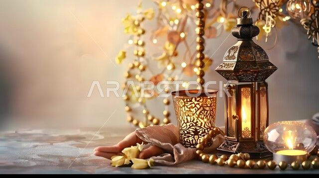 الاحتفال بقدوم رمضان المبارك، صورة مقربة لفوانيس معدنية مضيئة باللون الذهبي مع زهور وسبحة من الخرز، البهجة بقدوم شهر الخير، زينة وديكورات رمضانية واجواء الروحانية، المناسبات الدينية الاسلامية