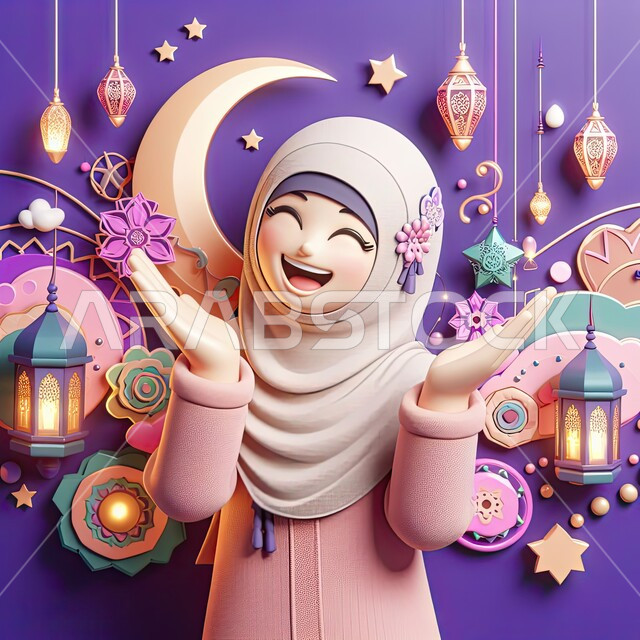 رموز دينية اسلامية، فوانيس وزينة واضاءة شهر الخير، رسم توضيحي ثلاثي الابعاد لفتاة مسلمة عربية خليجية سعودية مبتسمة ترتدي الحجاب تقف بإيماءات وتعابير السعادة والسرور بقدوم شهر رمضان المبارك، خلفية بنفسجية