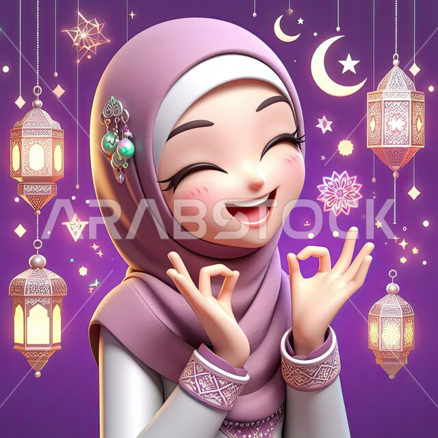 رموز دينية اسلامية، فوانيس وزينة واضاءة شهر الخير، رسم توضيحي ثلاثي الابعاد لفتاة مسلمة عربية خليجية سعودية مبتسمة ترتدي الحجاب تقف بإيماءات وتعابير السعادة والسرور بقدوم شهر رمضان المبارك، خلفية بنفسجية
