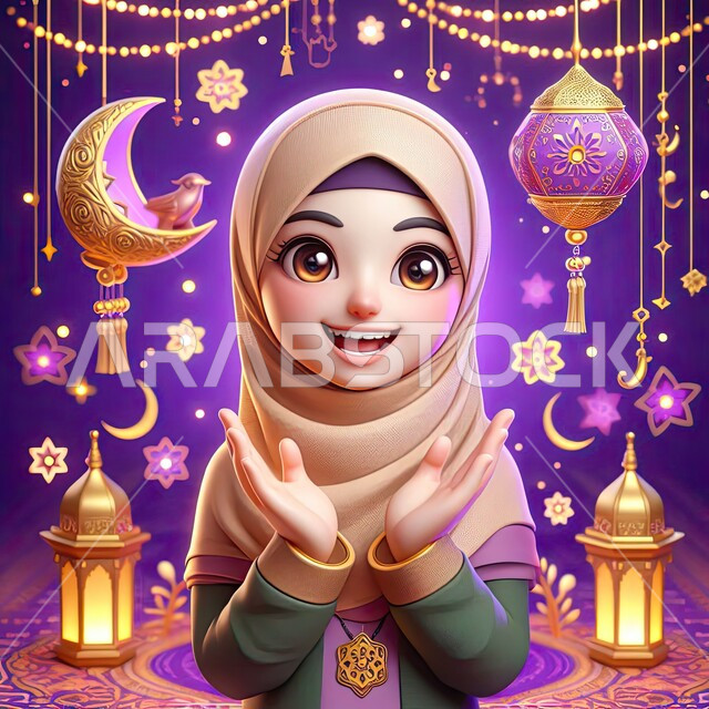 رسم توضيحي ثلاثي الابعاد لفتاة مسلمة عربية خليجية سعودية مبتسمة ترتدي الحجاب تقف بإيماءات وتعابير السعادة والسرور بقدوم شهر رمضان المبارك، رموز دينية اسلامية، فوانيس وزينة واضاءة شهر الخير، خلفية بنفسجية